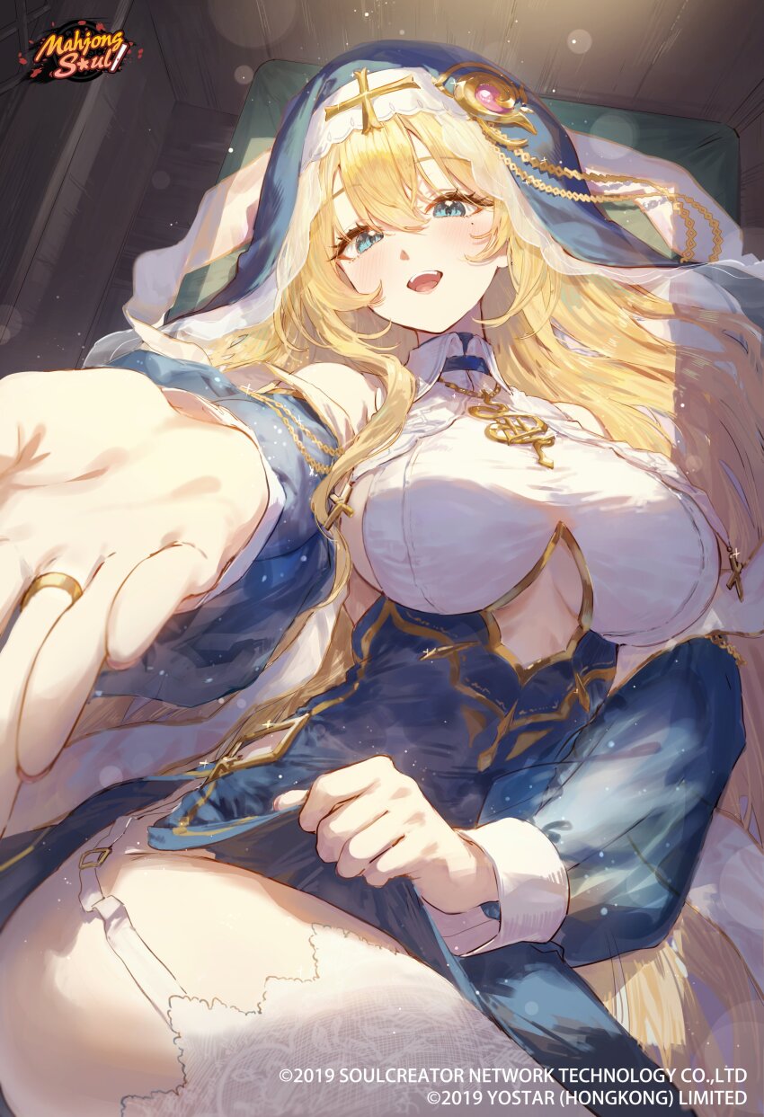 1girl absurdres bare_shoulders blonde_hair blue_eyes blush breasts clothing_cutout commentary cross detached_sleeves english_commentary eshineko garter_straps gold_trim hair_between_eyes highres jewelry kitahara_lily large_breasts lifting_own_clothes long_hair long_sleeves looking_at_viewer lying mahjong_soul mole mole_under_eye nun offering_hand official_art on_back open_mouth outstretched_arm ring second-party_source see-through_clothes see-through_sleeves side_slit smile solo teeth thighhighs underboob underboob_cutout upper_teeth_only veil very_long_hair white_garter_straps white_thighhighs