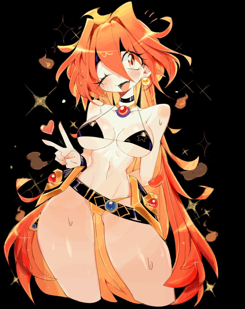 1girl belt bikini black_background black_belt black_bikini black_choker black_headband breasts choker commentary commission cropped_legs double-parted_bangs earrings english_commentary fang hair_between_eyes hand_up headband heart highres jewelry large_breasts lina_inverse long_hair looking_at_viewer one_eye_closed open_mouth orange_eyes orange_hair slayers smile solo sphere_earrings sweat swimsuit thighs usa37107692 v very_long_hair wide_hips