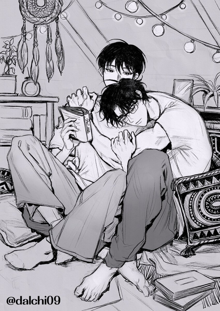 2boys barefoot book book_stack commentary crossed_ankles curled_up dalchi09 dreamcatcher english_commentary glasses greyscale hand_on_another's_arm hand_on_another's_hip highres holding holding_book hug hug_from_behind indoors kim_dokja male_focus monochrome multiple_boys omniscient_reader's_viewpoint on_ground pillow plant potted_plant shirt short_hair sitting t-shirt toned toned_male yaoi yoo_joonghyuk