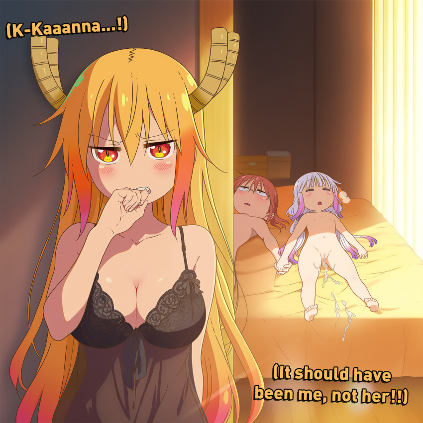 1futa 2girls :o after_vaginal aftersex artist_request barefoot bed biting_own_finger black_negligee blonde_hair blush breasts brown_hair cleavage closed_eyes collarbone completely_nude cum cum_in_pussy dragon_girl dragon_horns english_text flat_chest futanari highres holding_hands horns implied_futanari indoors kanna_kamui kobayashi-san_chi_no_maidragon kobayashi_(maidragon) large_breasts lingerie loli long_hair lying multicolored_eyes multiple_girls navel negligee nipples nude on_back on_bed open_mouth purple_hair pussy red_eyes red_hair sharp_teeth slit_pupils small_breasts source_request sunlight teeth tohru_(maidragon) underwear very_long_hair