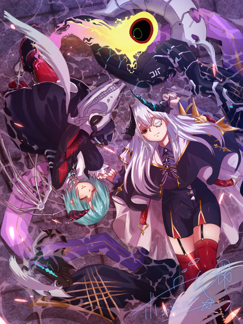 2girls absurdres aqua_hair black_dress black_skirt blue_hair bone boots bungo_yayoi capelet closed_eyes closed_mouth cross demon_horns dress eyepatch from_above garter_straps heaven_burns_red highres holding_hands holmes_hvbn horns long_hair long_sleeves lying monocle multiple_girls necktie on_back on_side one_eye_covered pencil_skirt red_eyes red_thighhighs shirt short_hair skeleton skirt skull sleeping smile spine tail thighhighs white_hair yamawaki_bon_ivar