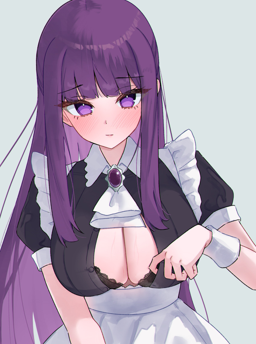 1girl alternate_costume apron blush bra bra_peek breasts brooch cleavage commentary english_commentary enmaided fern_(sousou_no_frieren) frills highres jewelry long_hair looking_at_viewer magui3 maid puffy_short_sleeves puffy_sleeves purple_eyes purple_hair short_sleeves simple_background solo sousou_no_frieren straight_hair underwear very_long_hair white_apron