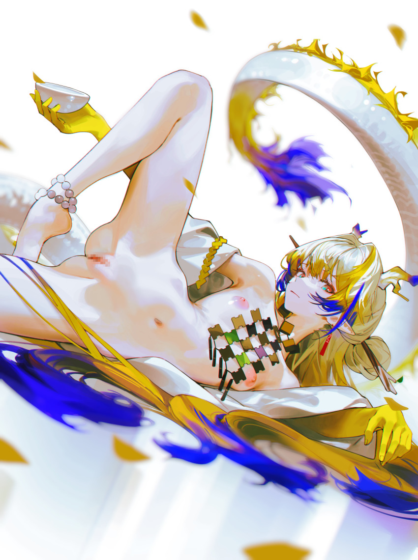 1girl arknights blonde_hair blue_eyes blue_hair breasts brown_hair censored commentary completely_nude cup dragon_girl dragon_horns dragon_tail english_commentary expressionless gradient_eyes hand_up highres holding holding_cup horns iumu knee_up light_frown long_hair looking_at_viewer lying multicolored_eyes multicolored_hair navel nipples nude on_side pussy red_eyes shu_(arknights) small_breasts solo spread_legs stomach tail very_long_hair