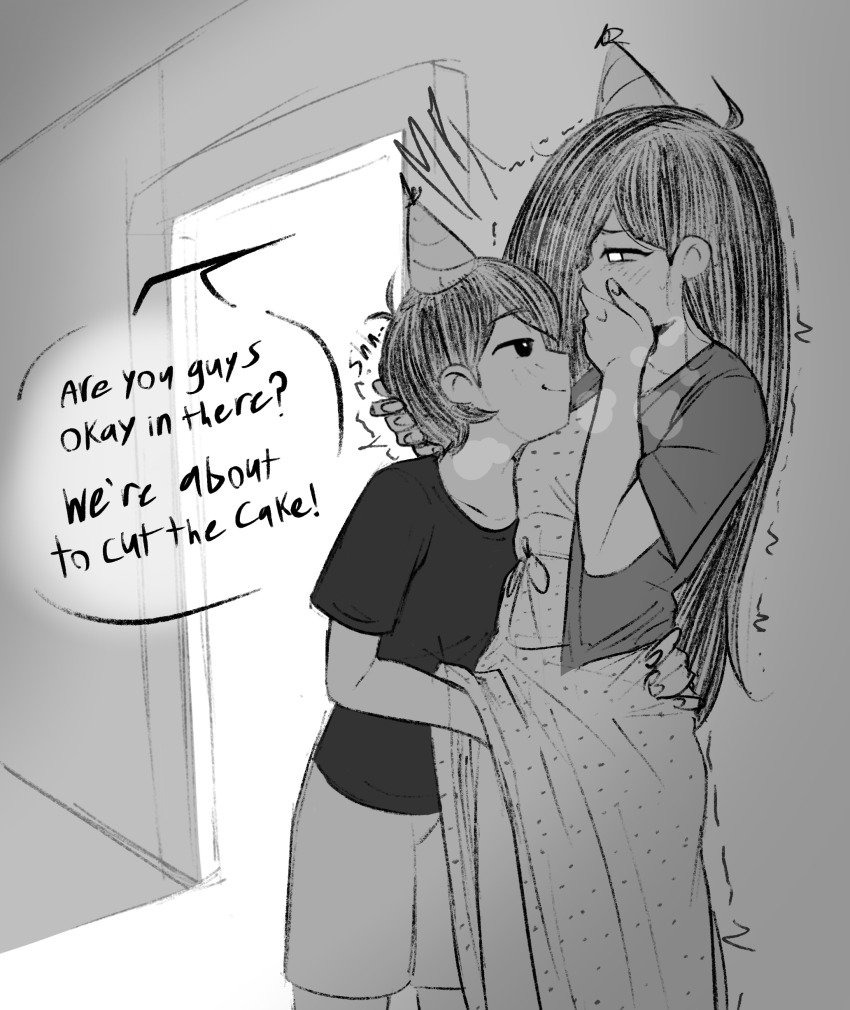 1boy 1girl absurdres age_difference brother_and_sister cabronpr covering_own_mouth english_text fingering hallway hand_on_another's_head hand_under_clothes hat heavy_breathing highres incest mari_(omori) monochrome omori party_hat shota siblings smug stealth_sex sunny_(omori) tagme teenage_girl_and_younger_boy trembling