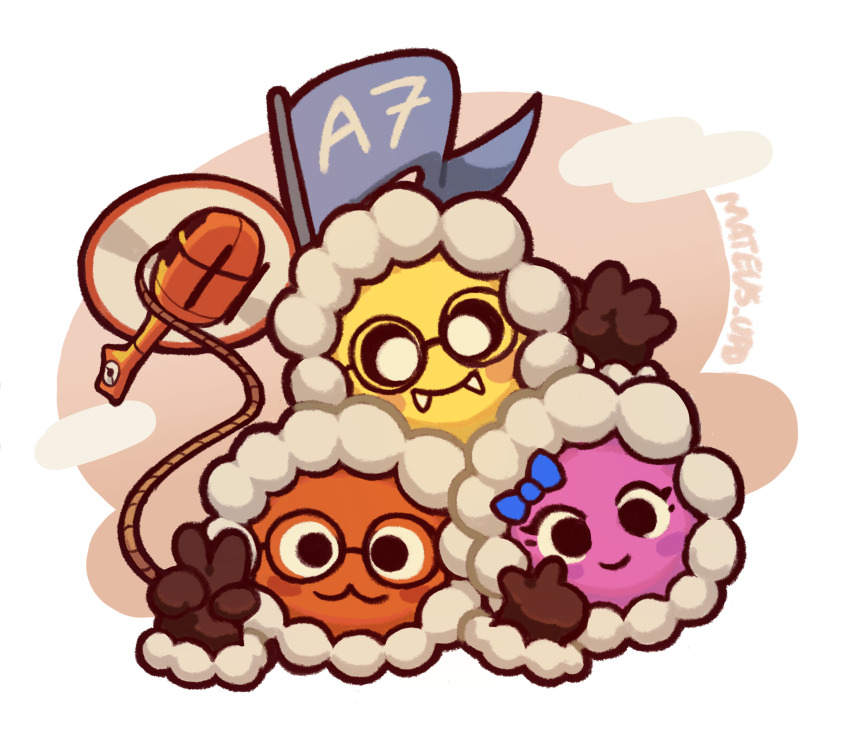 absurdres aircraft blush commentary english_commentary fangs flag glasses gloves helicopter highres looking_at_viewer mateus_upd peak_(game) rope scout_(peak) victory_pose video_game