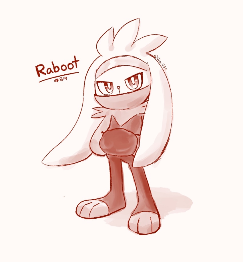 1other animal_feet animal_nose artist_name body_fur character_name covered_mouth furry gen_8_pokemon half-closed_eyes hands_in_pockets highres j.jama long_animal_ears looking_at_viewer monochrome nintendo other_focus pokedex_number pokemon pokemon_(creature) rabbit_ears raboot red_theme signature simple_background solo twitter_username white_background