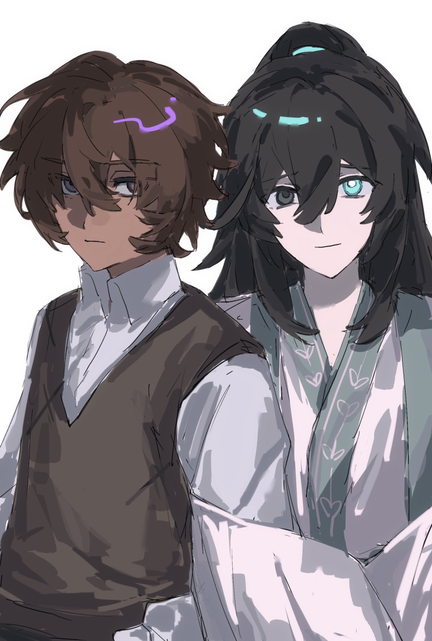 2boys absurdres aged_down aqua_eyes aysen black_eyes black_hair brown_hair brown_sweater_vest child chinese_clothes closed_mouth collared_shirt commentary_request expressionless hair_between_eyes hanfu heathcliff_(project_moon) heterochromia high_ponytail highres hong_lu_(project_moon) limbus_company locked_arms long_hair long_sleeves looking_at_viewer male_focus messy_hair multiple_boys ponytail project_moon purple_eyes shirt short_hair simple_background smile sweater_vest upper_body white_background white_hanfu wide_sleeves