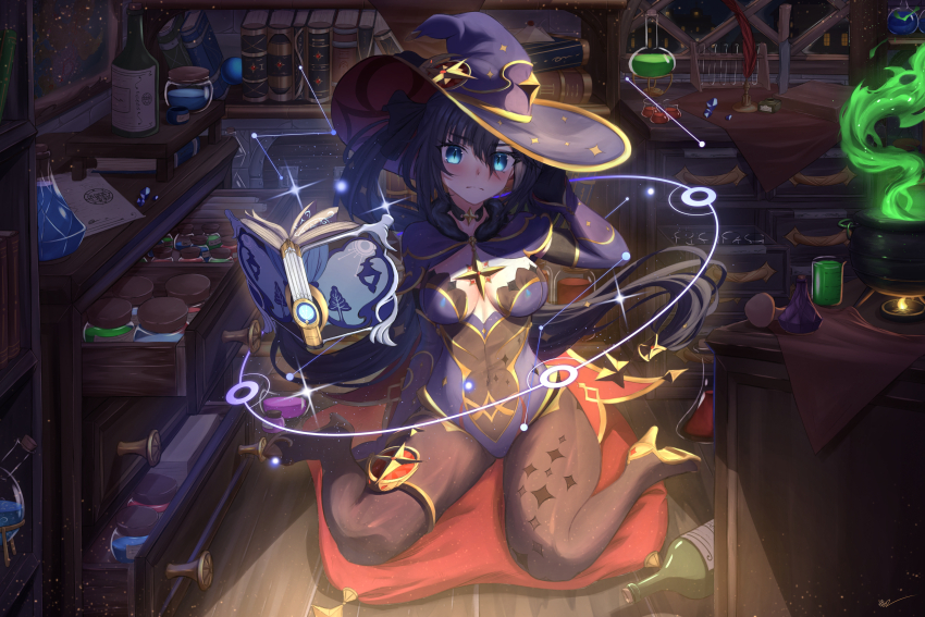 1girl absurdres aqua_eyes arm_up asymmetrical_bangs beaker black_choker black_gloves black_hair blue_leotard bodystocking book bottle breasts brooch brown_pantyhose capelet choker closed_mouth commentary constellation cooking_pot covered_navel english_commentary fire floating_hair full_body fur_collar gem genshin_impact gloves gold_trim grimoire hand_in_own_hair hat high_heels highres indoors inkwell jar jewelry legs leotard long_hair looking_at_viewer magic_circle map medium_breasts mona_(genshin_impact) nithros pantyhose paper potion quill shelf sitting solo stove thighlet thighs twintails very_long_hair wariza window witch_hat