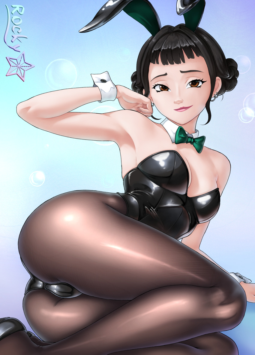 1girl absurdres animal_ear_hairband animal_ears artist_name ass bare_shoulders black_hair black_leotard blue_background bow bowtie breasts brown_eyes brown_pantyhose cameltoe detached_collar double_bun earrings fake_animal_ears gradient_background green_bow green_bowtie hair_bun hairband highres jewelry kpop_demon_hunters leotard looking_at_viewer lying on_side pantyhose playboy_bunny r0ckystar rabbit_ear_hairband rabbit_ears short_hair small_breasts solo wrist_cuffs zoey_(kpop_demon_hunters)