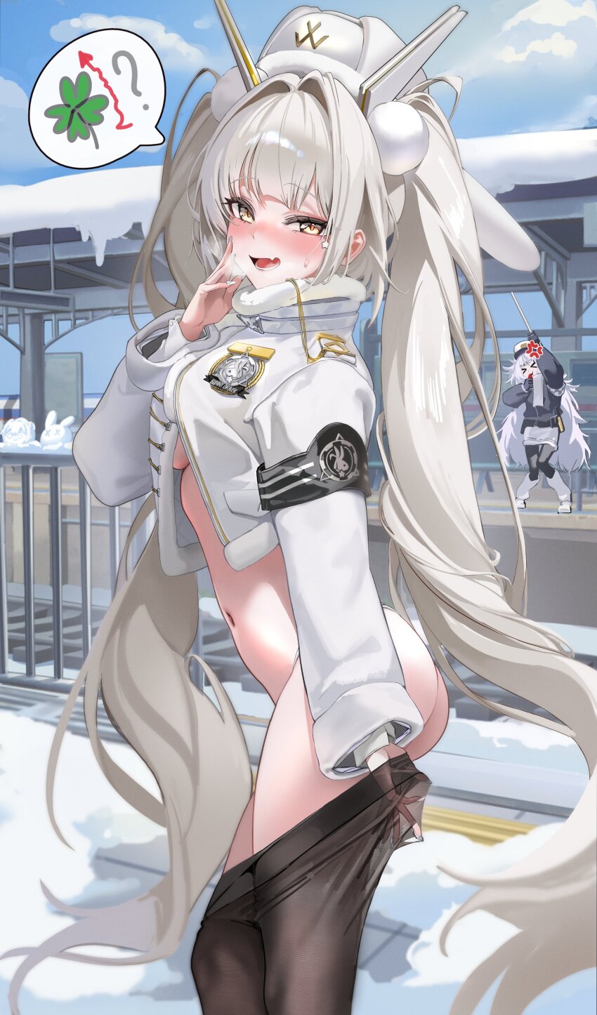 2girls ? absurdres armband ass black_armband black_pantyhose blanc_(fortune_express)_(nikke) blanc_(nikke) breasts clover commentary english_commentary fang fluffy_hair four-leaf_clover fur-trimmed_collar fur_trim goddess_of_victory:_nikke grey_hair hat highres hu_unmin long_hair multiple_girls navel official_alternate_costume official_alternate_hairstyle pantyhose poli_(nikke) police police_hat police_uniform policewoman railroad_tracks see-through_pantyhose skin_fang speech_bubble train_station underboob white_hat white_nails yellow_eyes