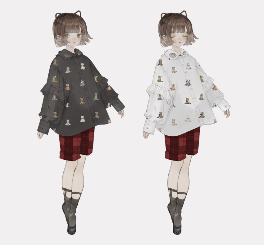 2girls animal_ears black_shirt blouse blunt_bangs blush boots brown_eyes brown_hair cat_ears closed_eyes commentary_request expressionless frilled_sleeves frills full_body hair_ornament long_sleeves multiple_girls nekosuke_(oxo) original pale_skin parted_lips plaid_clothes plaid_shorts puffy_long_sleeves puffy_sleeves red_shorts shirt short_hair shorts sidelocks simple_background sleeves_past_wrists standing stuffed_animal stuffed_toy teddy_bear white_background white_shirt
