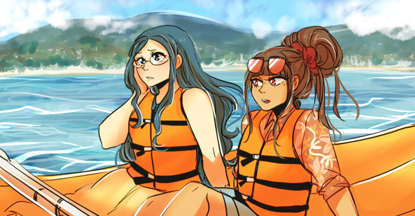 2girls alternate_costume alternate_universe bare_arms bare_legs bare_shoulders belt belt_buckle black-framed_eyewear black_belt blue_eyes blue_hair blue_shirt blue_shorts blue_sky brown_hair buckle chest_belt cloud collared_shirt commentary cowboy_shot danganronpa_(series) danganronpa_v3:_killing_harmony day denim denim_shorts english_commentary eyelashes eyewear_on_head floral_print furrowed_brow glasses hair_bun hair_ornament hair_scrunchie hand_on_own_chin harukawa_maki hawaiian_shirt knees life_vest long_hair long_skirt looking_ahead looking_at_another ministarfruit mole mole_under_eye multiple_belts multiple_girls nervous nostrils oar ocean open_mouth orange_skirt orange_vest outdoors pointy_nose print_shirt raft red-tinted_eyewear red_eyes red_scrunchie red_shirt round_eyewear scrunchie shirogane_tsumugi shirt short_hair_with_long_locks short_sleeves shorts sidelocks single_hair_bun sitting skirt sky sleeve_cuffs sleeveless sleeveless_shirt summer sunglasses teeth tinted_eyewear town updo upper_teeth_only very_long_hair vest wavy_hair worried