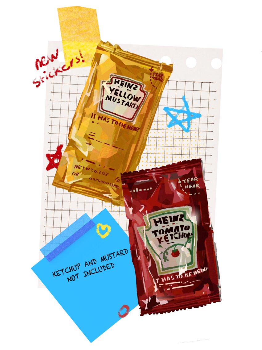 commentary condiment_packet english_commentary english_text grid heinz highres junbuug ketchup mustard no_humans official_art original painterly promotional_art simple_background star_(symbol) sticky_note white_background