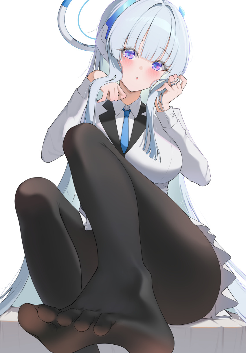 1girl absurdres black_pantyhose blue_archive blue_necktie blunt_bangs blush breasts collared_shirt commentary feet foot_focus foot_out_of_frame grey_hair halo hands_up headgear highres holding holding_own_hair jacket lanhua227 large_breasts leg_up long_hair long_sleeves looking_at_viewer mechanical_halo miniskirt necktie no_shoes noa_(blue_archive) pantyhose parted_lips presenting_foot purple_eyes shirt sidelocks simple_background sitting skirt solo very_long_hair white_background white_halo white_jacket white_shirt white_skirt
