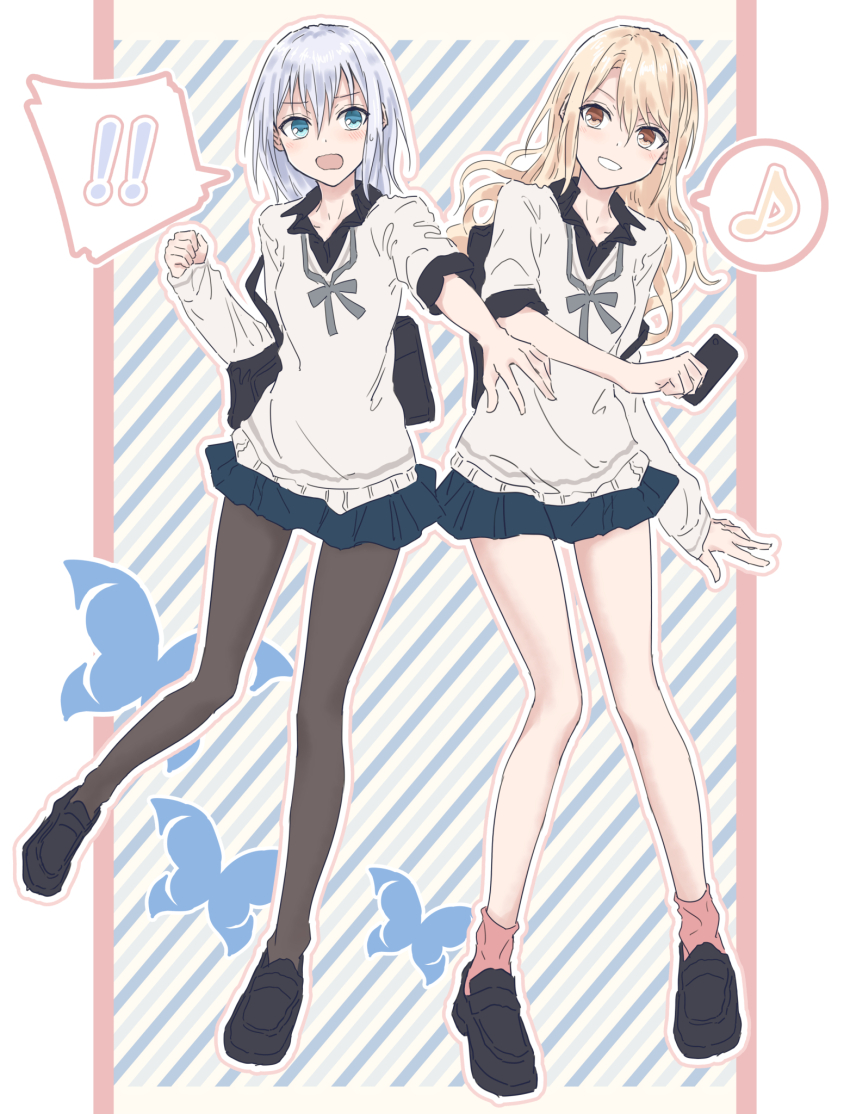 ! !! 2girls bag bang_dream! bang_dream!_girls_band_party! black_bag black_pantyhose black_shirt black_shoes blonde_hair blue_background blue_eyes blue_skirt collared_shirt commentary diagonal-striped_background eighth_note highres holding kirigaya_toko kurata_mashiro long_hair medium_hair miniskirt multiple_girls musical_note pantyhose pink_socks pleated_skirt school_bag shirt shoes short-sleeved_sweater short_sleeves skirt socks spoken_exclamation_mark spoken_musical_note striped_background sweater white_hair white_sweater yukitake_(bullfalk)