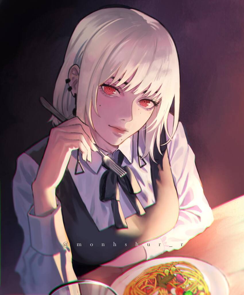 1girl arm_under_breasts blonde_hair breasts chainsaw_man chromatic_aberration commentary ear_piercing earrings elbow_rest eyebrows_hidden_by_hair fami_(chainsaw_man) food fork fourth_east_high_school_uniform highres holding holding_fork jewelry light_smile medium_breasts medium_hair mismatched_eyebrows mole mole_under_eye mole_under_mouth monhshur_r multiple_moles pasta piercing plate red_eyes ringed_eyes school_uniform solo upper_body