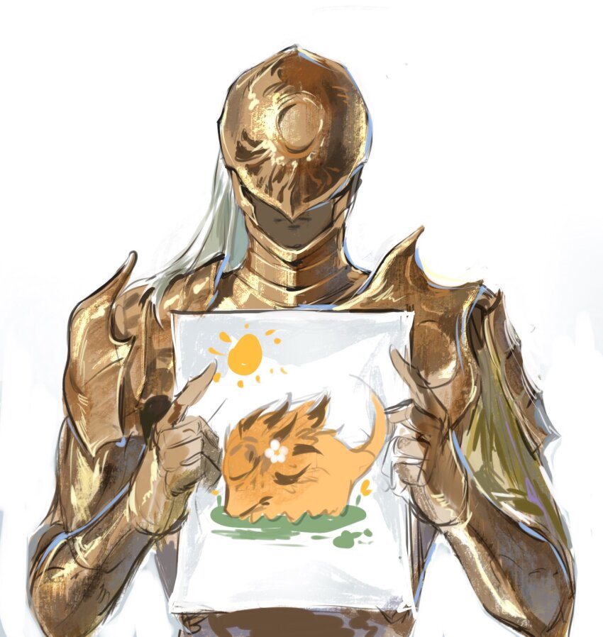 1boy alternate_form androgynous armor commentary_request covered_eyes dark_skin elden_ring elden_ring_nightreign executor_(elden_ring) facing_viewer gauntlets grass helmet helmet_over_eyes highres holding holding_painting horns jivynni monster painting_(object) solo standing sun topknot upper_body white_background