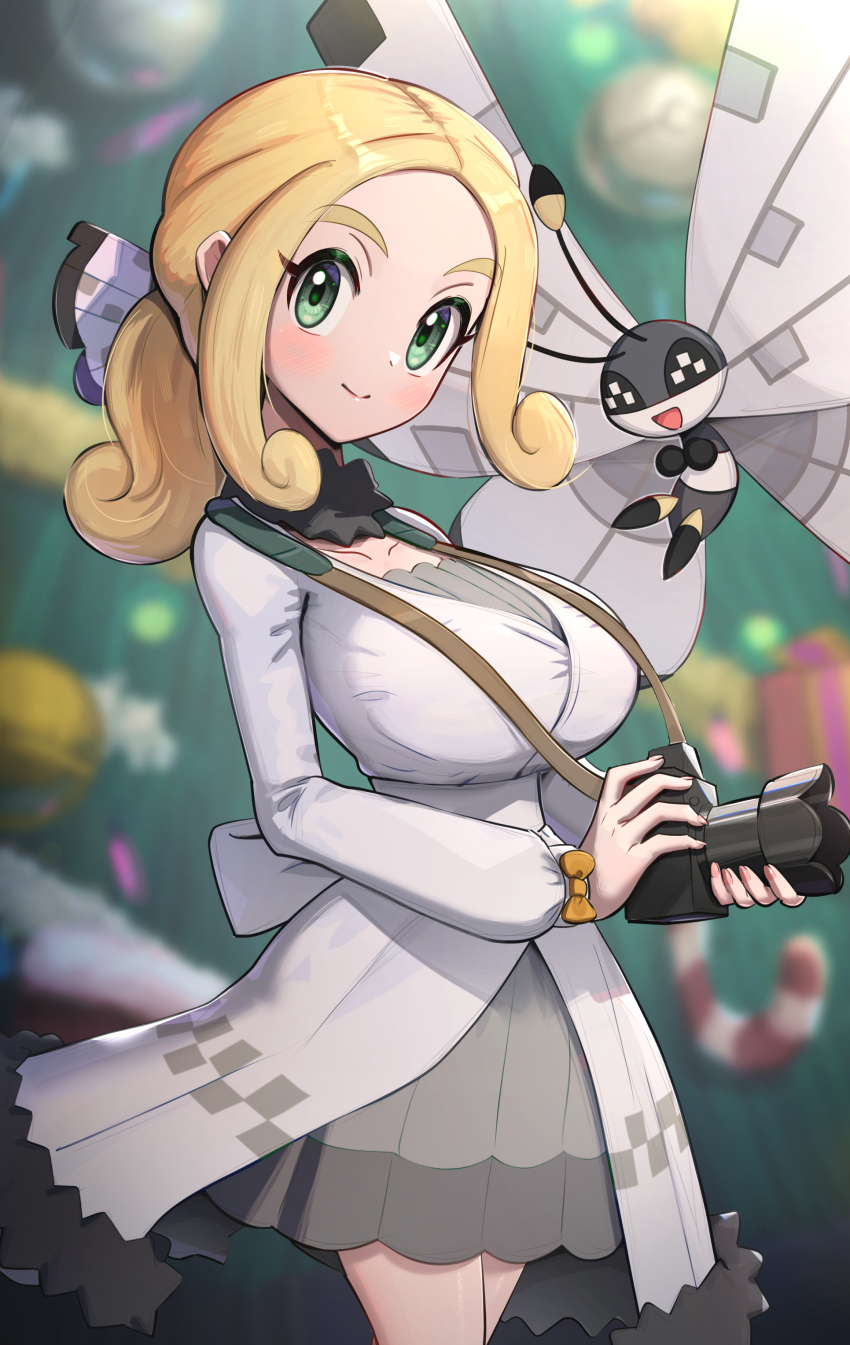 1girl absurdres alternate_costume blonde_hair breasts butterfly_hair_ornament camera camera_around_neck collarbone cowboy_shot dress fluffy_collar forehead gen_6_pokemon gonzarez green_eyes hair_ornament highres large_breasts nail_polish nintendo official_alternate_costume parted_bangs pokemon pokemon_masters_ex ponytail solo thick_eyebrows thighs viola_(holiday_2023)_(pokemon) viola_(pokemon) vivillon