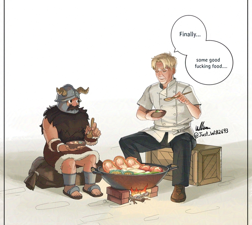 2boys armor artist_name bag beard black_pants blonde_hair bowl brown_hair buttons campfire chef commentary crate crossover double-breasted duffel_bag dungeon_meshi dwarf eating english_commentary facial_hair fake_horns feet food gordon_ramsay helmet holding holding_bowl holding_spoon horned_helmet horns jacket just_will leather_armor long_beard looking_at_another male_focus multiple_boys mustache pants profanity real_life senshi_(dungeon_meshi) short_hair sitting spoon thick_mustache toes twitter_username very_long_beard white_jacket wok