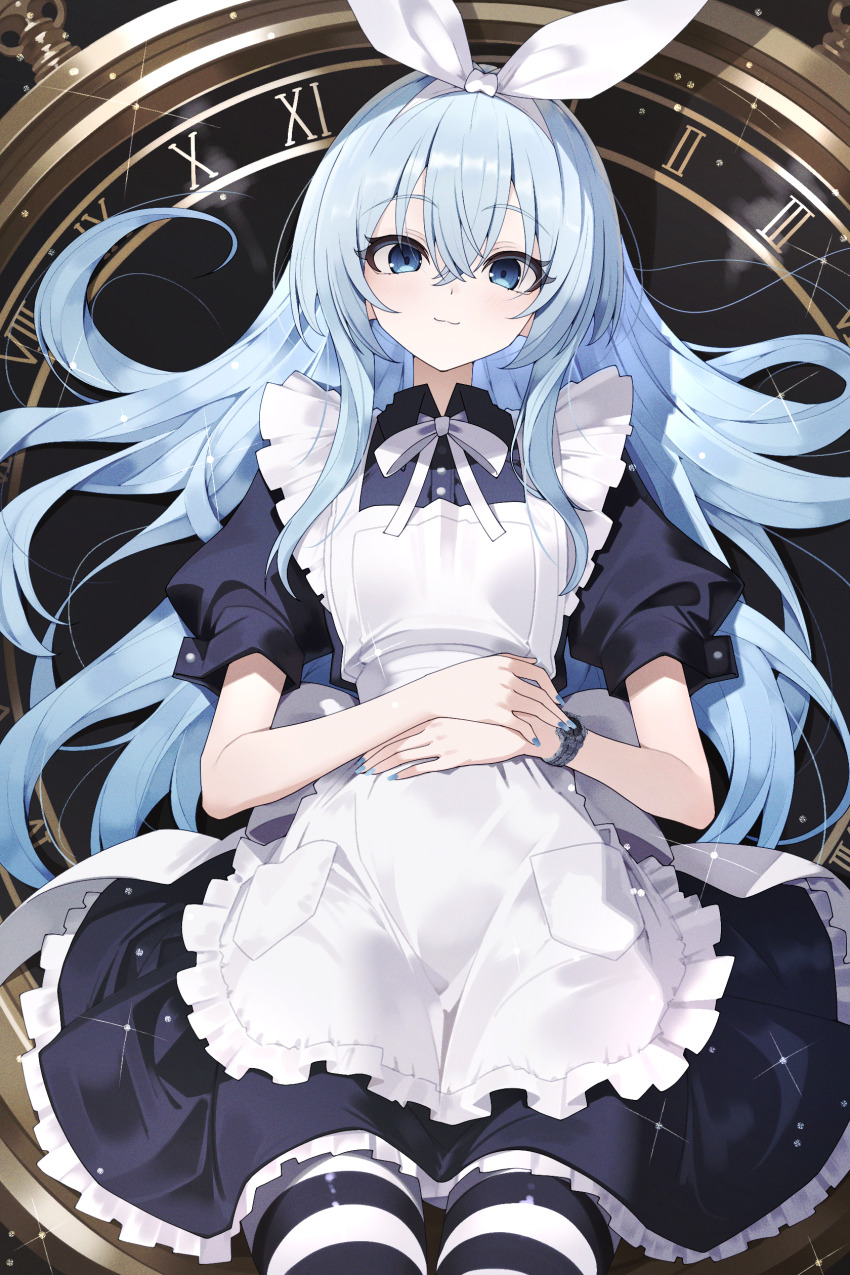 1girl :3 absurdres apron black_dress blue_eyes blue_hair blue_nails breasts buttons clock closed_mouth commentary crossed_bangs dress frilled_apron frilled_dress frills hair_between_eyes hair_ribbon hair_spread_out highres light_particles looking_at_viewer lying maid_apron mellow_kaede nail_polish neck_ribbon on_back original own_hands_together puffy_short_sleeves puffy_sleeves ribbon short_sleeves sidelocks small_breasts smile solo sparkle striped_clothes striped_thighhighs thighhighs thighs watch white_ribbon wristwatch