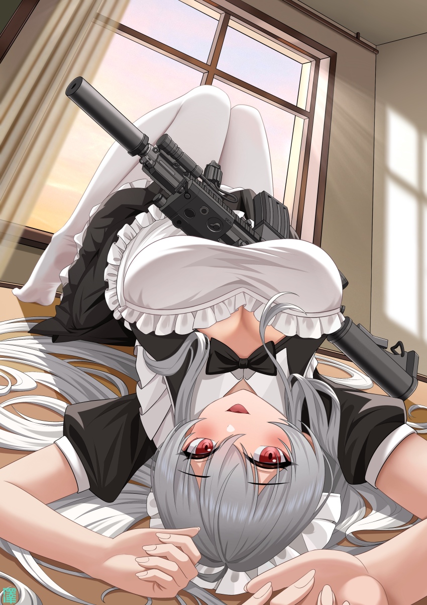 1girl absurdres apron ar-15 arm_above_head arms_up artist_logo assault_rifle black_bow black_bowtie black_dress bow bowtie breasts cleavage commentary curtains dress feet frilled_apron frilled_dress frilled_headwear frills gradient_sky grey_hair gun hair_between_eyes hair_spread_out highres indoors knees_up large_breasts legs logo long_hair looking_at_viewer maid maid_apron maid_headdress no_shoes open_mouth original pantyhose puffy_short_sleeves puffy_sleeves range_finder red_eyes rifle short_sleeves sidelocks sky soles solo sunset suppressor thighs tongue very_long_hair weapon white_apron white_headdress white_pantyhose window zekong_pioneer