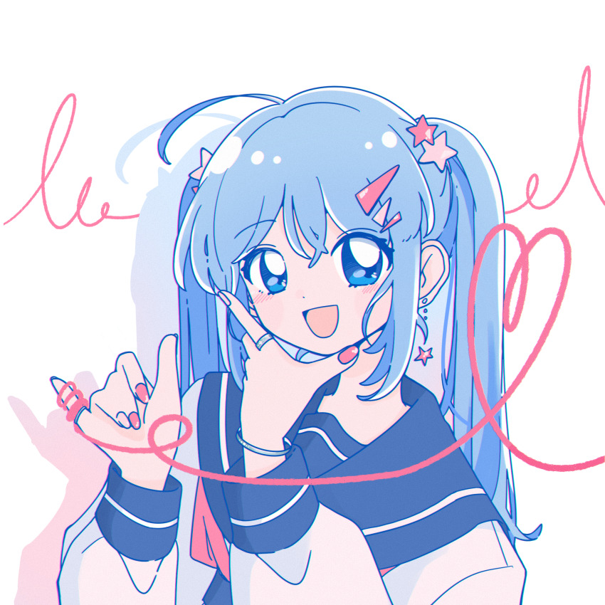 1girl blue_eyes blue_hair hair_ornament hairclip highres long_hair looking_at_viewer nail_polish open_mouth original school_uniform serafuku smile sskitaco star_(symbol) star_hair_ornament string string_of_fate twintails upper_body