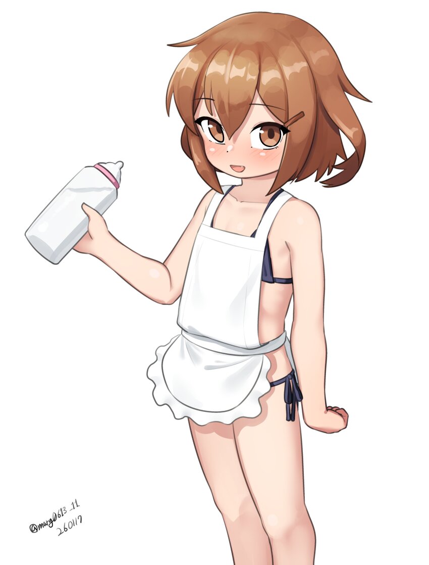 1girl absurdres apron baby_bottle bikini black_bikini bottle brown_eyes brown_hair dated feet_out_of_frame flat_chest highres holding ikazuchi_(kancolle) kantai_collection loli maru_(marg0613) nearly_naked_apron one-hour_drawing_challenge short_hair side-tie_bikini_bottom simple_background smile solo swimsuit twitter_username white_apron white_background