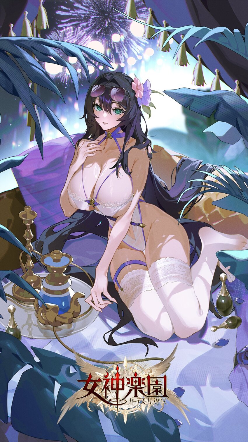 1girl aerial_fireworks artist_request black_hair breasts character_request cleavage collarbone commentary_request copyright_logo eyewear_on_head fireworks flower glasses goddess_paradise green_eyes hair_intakes highleg highleg_one-piece_swimsuit highres large_breasts logo long_hair navel one-piece_swimsuit open_mouth pink_flower purple_flower shadow swimsuit thighhighs white_one-piece_swimsuit white_thighhighs
