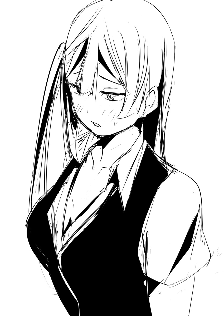 1girl absurdres blush breasts cleavage collarbone collared_shirt commentary_request furrowed_brow greyscale highres love_live! love_live!_nijigasaki_high_school_idol_club medium_breasts monochrome nijigasaki_school_uniform one_side_up open_mouth school_uniform shirt short_sleeves solo summer_uniform sweat tommer upper_body vest white_background yuki_setsuna