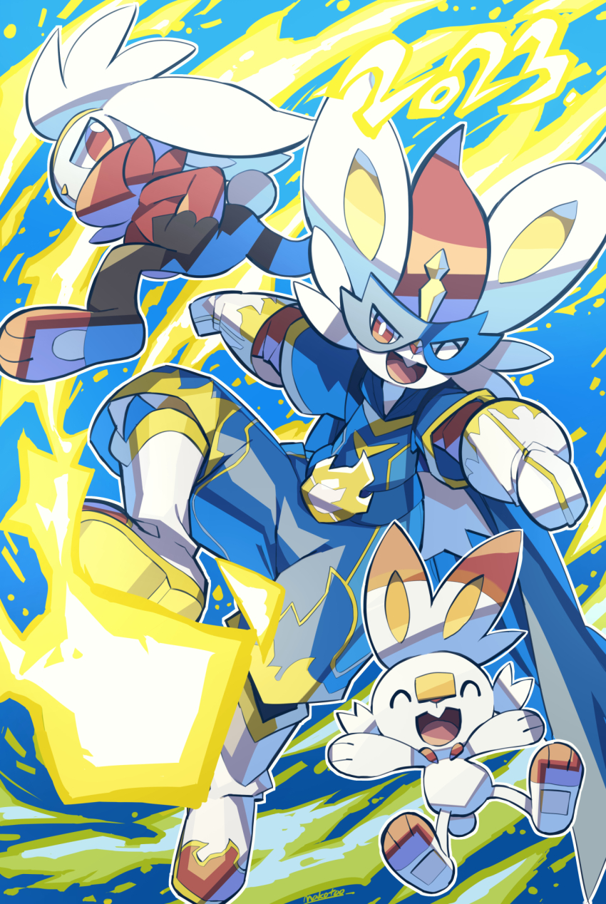 cinderace cinderace_(hero) closed_eyes clothed_pokemon dated evolutionary_line gen_8_pokemon highres kicking looking_at_viewer makoto_ikemu mask nintendo no_humans official_alternate_costume open_mouth pokemon pokemon_(creature) pokemon_unite raboot scorbunny