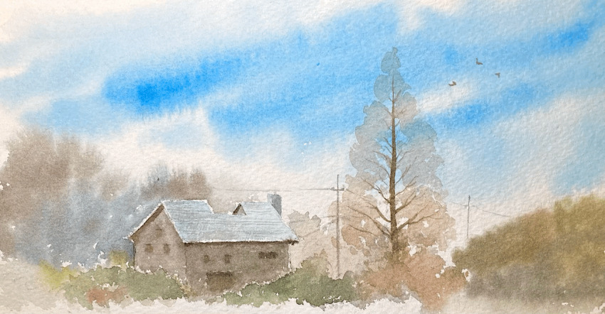 blue_sky building commentary_request day house no_humans original outdoors painting_(medium) power_lines scenery simple_bird sky tj_(tenjiku200) traditional_media tree utility_pole watercolor_(medium)