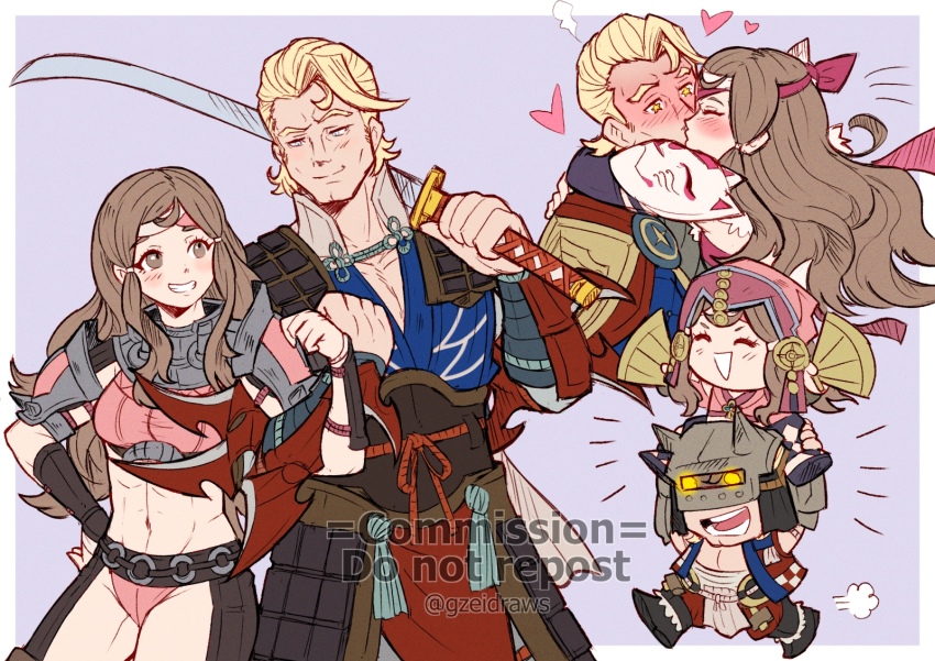armor arthur_(fire_emblem_fates) bikini_armor carrying carrying_person chibi commission couple fire_emblem fire_emblem_fates fox_mask gzei hana_(fire_emblem) hand_fan headband helmet highres hug katana kiss locked_arms mask ninja nintendo over_shoulder sandals sword sword_over_shoulder thong vgen_commission weapon weapon_over_shoulder
