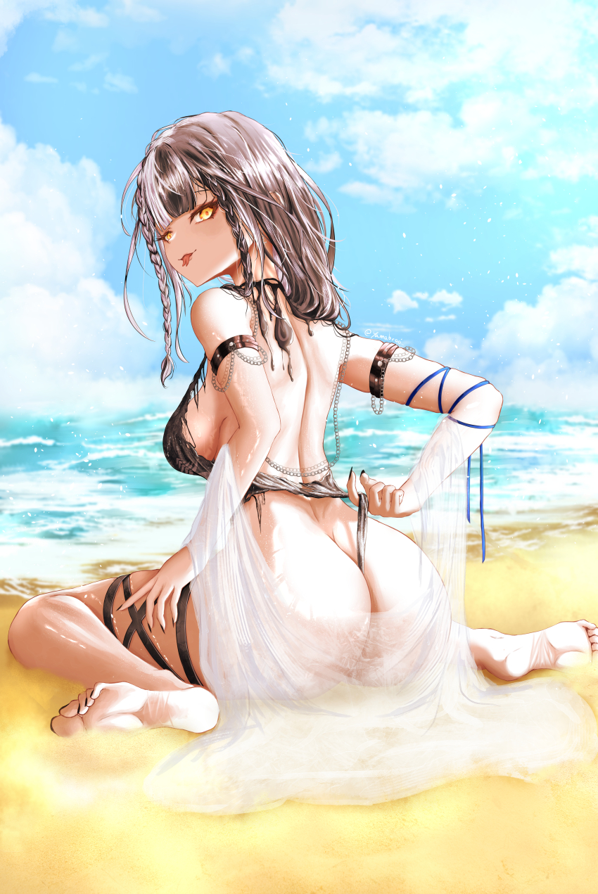 1girl absurdres ass barefoot bikini black_bikini black_hair black_nails blue_sky braid breasts butt_crack cloud cloudy_sky day feet grey_hair highres hololive hololive_english large_breasts long_hair looking_at_viewer looking_back multicolored_hair nail_polish outdoors shiori_novella sitting sky solo split-color_hair swimsuit thigh_strap toenail_polish toenails toes tongue tongue_out two-tone_hair virtual_youtuber wariza wedgie yamabro