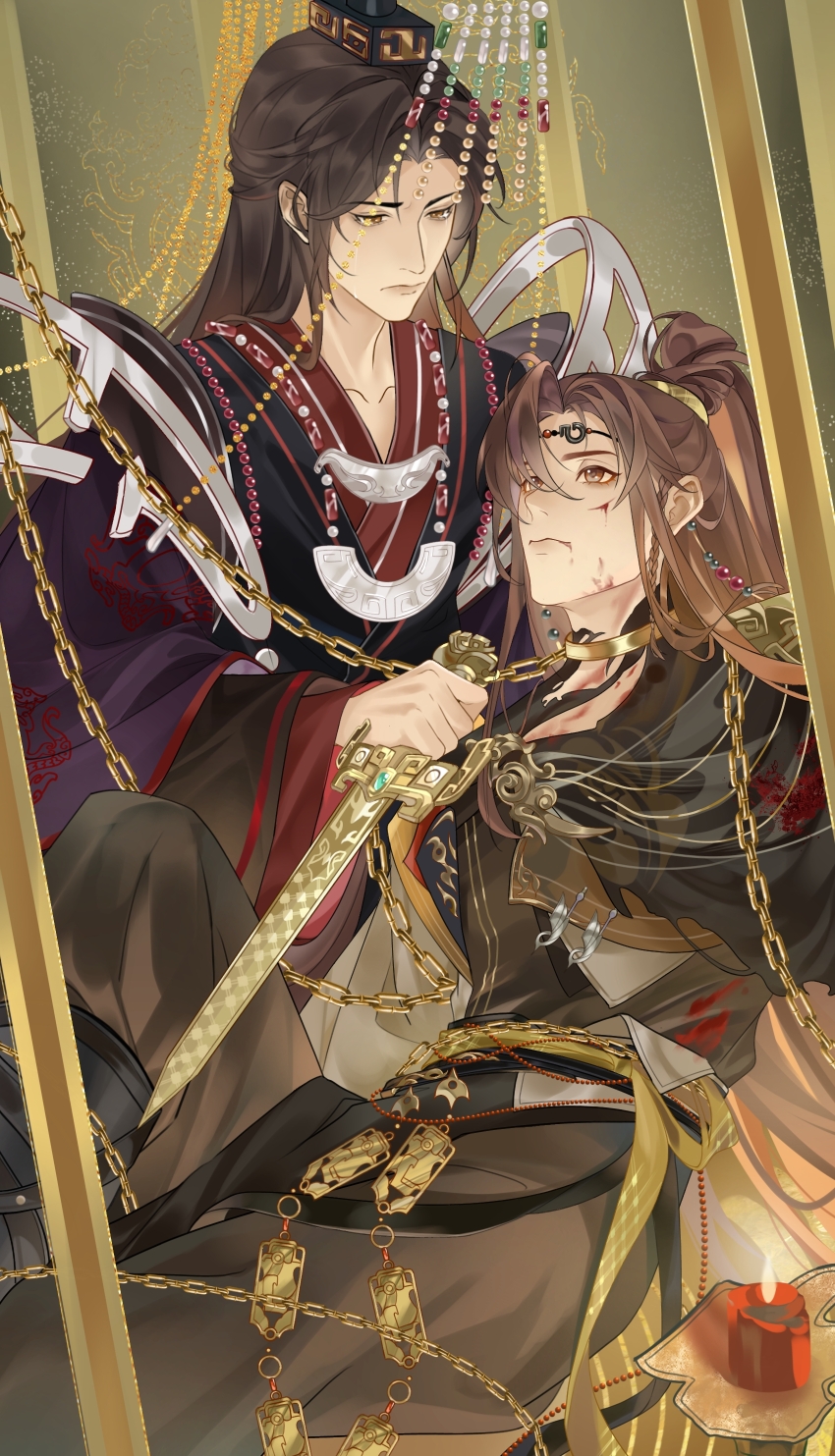 2boys absurdres belt black_boots black_hanfu black_robe blood blood_on_clothes blood_on_face boots brown_eyes brown_hair candle cape chain chain_belt chained changmingsuo chinese_clothes chinese_commentary closed_mouth collar collarbone commentary_request crying crying_with_eyes_open curtained_hair cuts dagger eye_contact feet_out_of_frame gold_collar gongzi_xiyu grey_pants guan_hat hair_between_eyes half_updo hanfu head_chain high_ponytail highres holding holding_dagger holding_knife holding_weapon hua_yi_shanxin_zhiyue injury iron_bars jewelry ji_yuanqi knee_up knife lips long_hair long_sleeves looking_at_another male_focus mian_guan multiple_boys official_alternate_costume pants pants_tucked_in parted_bangs ponytail purple_cape red_hanfu red_robe reverse_grip robe sash shoulder_guard side_part sidelocks sitting tears the_prince_(hua_yi_shanxin_zhiyue) torn_clothes upper_body very_long_hair waist_sash weapon wide_sleeves yellow_sash
