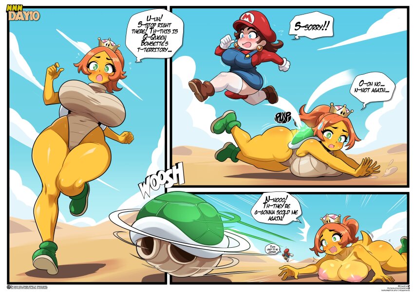 1futa 1girl ass bikini blonde_hair blue_eyes blush breasts brown_hair colored_skin crown ear_piercing earrings english_text futanari green_eyes heart huge_breasts jewelry jumping kogeikun koopa_troopa looking_at_viewer lying mario mario_(series) medium_hair nintendo nipples nude piercing ponytail speech_bubble swimsuit yellow_skin