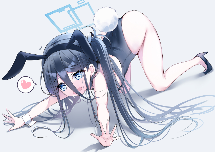 1girl absurdres all_fours alternate_costume animal_ear_hairband animal_ears aqua_eyes aris_(blue_archive) bare_shoulders black_hairband black_leotard black_shoes blue_archive blue_halo chosunbe commentary eyes_visible_through_hair fake_animal_ears fake_tail flying_sweatdrops full_body furrowed_brow grey_hair hair_between_eyes hairband halo heart high_heels highleg highleg_leotard highres leotard long_bangs long_hair long_hair_between_eyes one_side_up open_mouth outstretched_arms palms playboy_bunny rabbit_ear_hairband rabbit_ears rabbit_tail rectangular_halo shadow shoes solo speech_bubble spoken_heart spread_fingers strapless strapless_leotard tail tiptoes white_background white_wrist_cuffs wrist_cuffs