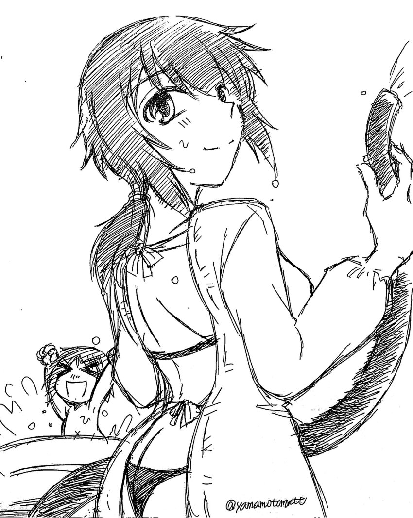 2girls alternate_costume backless_outfit bikini girls_und_panzer highres holding holding_hose hose idegami_kikuyo looking_back multiple_girls nishizumi_miho ponytail short_hair swimsuit wet yamamotommtt