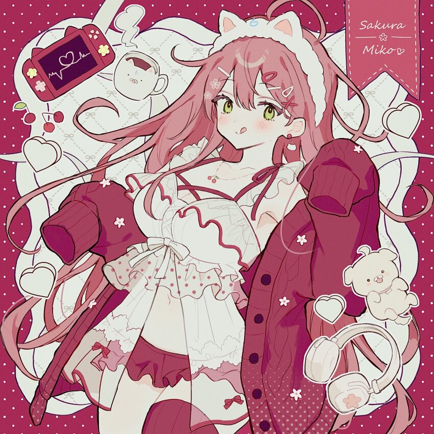 1girl 35p_(sakura_miko) :q ahoge animal_ear_hairband animal_ears babydoll cardigan cardigan_partially_removed cat_ear_hairband cat_ears character_name commentary earrings fake_animal_ears frilled_babydoll game_console green_eyes hair_ornament hairband hairclip highres hololive jewelry long_hair looking_at_viewer mametarou_(mameji) necklace official_alternate_costume pink_hair red_cardigan red_shorts red_thighhighs sakura_miko sakura_miko_(loungewear) shorts single_thighhigh sleeves_past_fingers sleeves_past_wrists solo symbol-only_commentary thighhighs tongue tongue_out virtual_youtuber white_babydoll