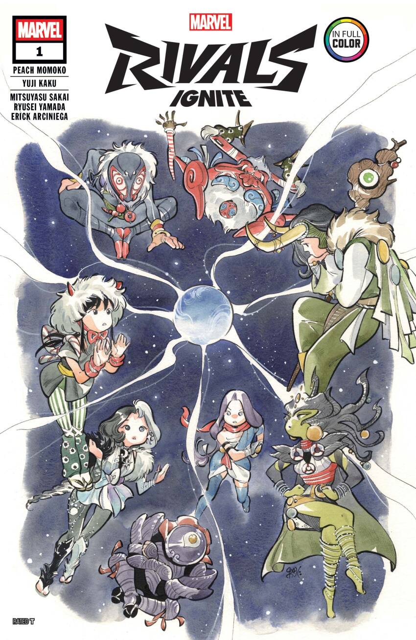 3boys 4girls absurdres armor barefoot black_hair braid colored_skin comic_cover company_name copyright_logo copyright_name cover cover_page demon_days_(marvel) english_text fake_horns green_skin hand_on_own_chin hela_(marvel) hela_(yami_no_karasu)_(marvel) highres holding holding_staff horned_headwear horns japanese_clothes logo loki_(marvel) loki_(shin_sagi-shi)_(marvel) long_hair low-tied_long_hair low_ponytail luna_snow luna_snow_(nolaehaneun_manyeo) marvel marvel_rivals mask medium_hair multicolored_hair multiple_boys multiple_girls ninja official_alternate_costume official_art orb peach_momoko peni_parker peni_parker_(yatsukahagi) ponytail psylocke psylocke_(sai) purple_armor purple_hair ronin sarashi sp//dr spider-man spider-man_(series) spider-man_(spider-oni) spider-verse split-color_hair staff the_punisher_(character) the_punisher_(dangan_ronin)_(marvel) the_punisher_(series) thor_(marvel)_(series) white_hair x-men