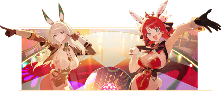 2girls alpha_transparency animal_ears arm_up armpits bare_shoulders black_gloves black_survival blue_eyes bow bowtie braid breasts brooch brown_gloves brown_jacket chest_harness cleavage covered_navel cowboy_shot cropped_jacket detached_collar double_bun eternal_return:_black_survival fake_animal_ears fake_tail gloves grey_eyes grin hair_bun hand_up harness haze_(black_survival) highleg highleg_leotard highres jacket jewelry justyna_(black_survival) large_breasts leotard long_hair long_sleeves looking_at_viewer modare multiple_girls necktie official_art open_clothes open_jacket open_mouth outstretched_arm partially_unzipped playboy_bunny rabbit_ears rabbit_tail red_hair red_leotard second-party_source see-through_clothes see-through_leotard short_necktie single_braid smile sparkling_eyes strapless strapless_leotard tail tiara white_hair white_leotard wrist_cuffs zipper_leotard