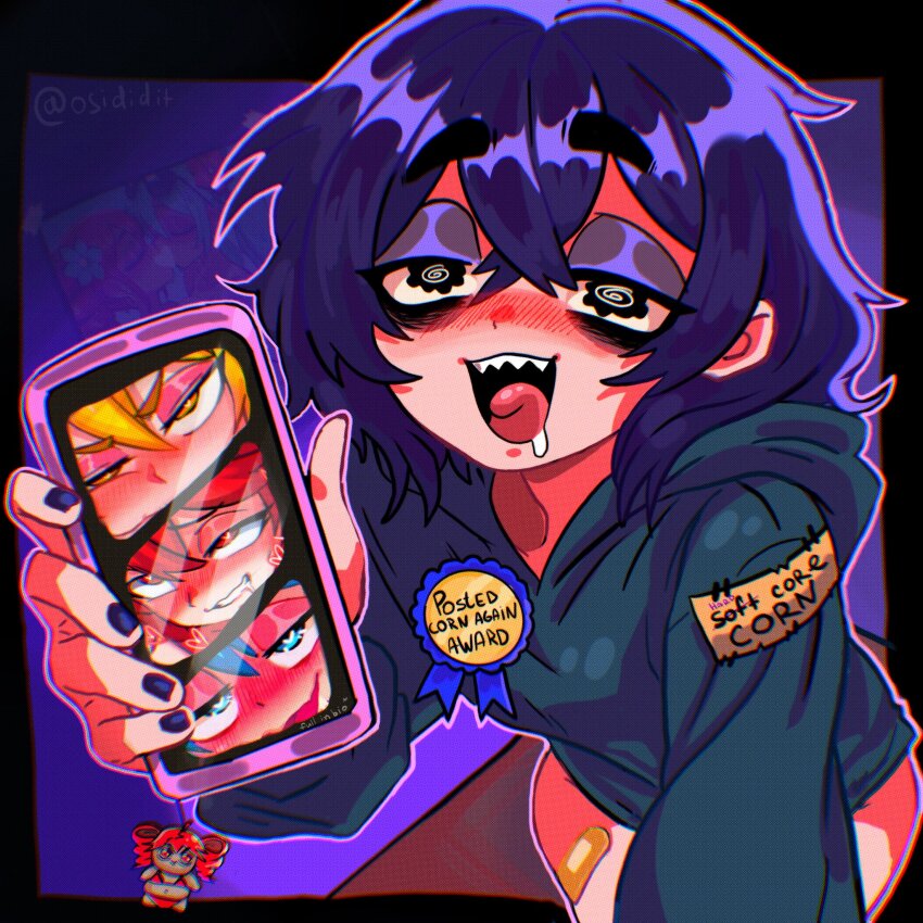 4girls @_@ akita_neru artist_self-insert award_ribbon black_border black_hair black_hoodie black_nails blush border chromatic_aberration cowboy_shot english_text eyeshadow hair_between_eyes hatsune_miku highres holding holding_phone hood hood_down hoodie kasane_teto makeup medium_hair multiple_girls original osidid outline outside_border phone pink_outline purple_eyeshadow saliva sharp_teeth teeth triple_baka_(vocaloid) twitter_username utau vocaloid