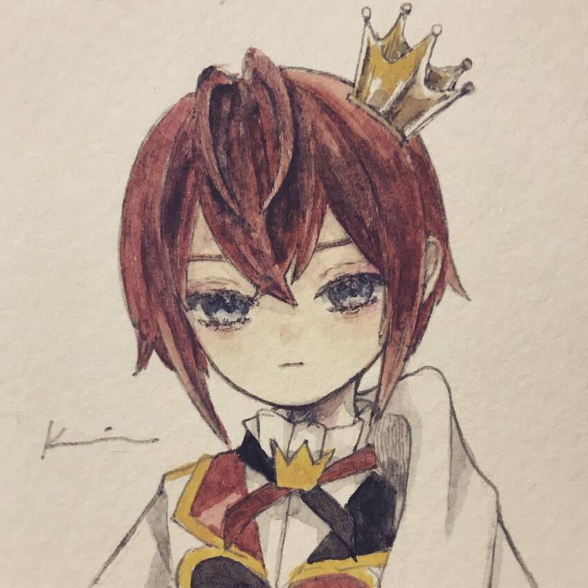 1girl acrylic_paint_(medium) bow closed_mouth collar collared_shirt commentary_request crown expressionless formal_clothes frilled_collar frills grey_eyes hair_between_eyes highres karintoun looking_at_viewer neck_ribbon original painting_(medium) pale_skin parted_bangs red_hair ribbon riddle_rosehearts shirt short_hair sidelocks signature simple_background solo straight-on traditional_media watercolor_(medium) white_background white_shirt