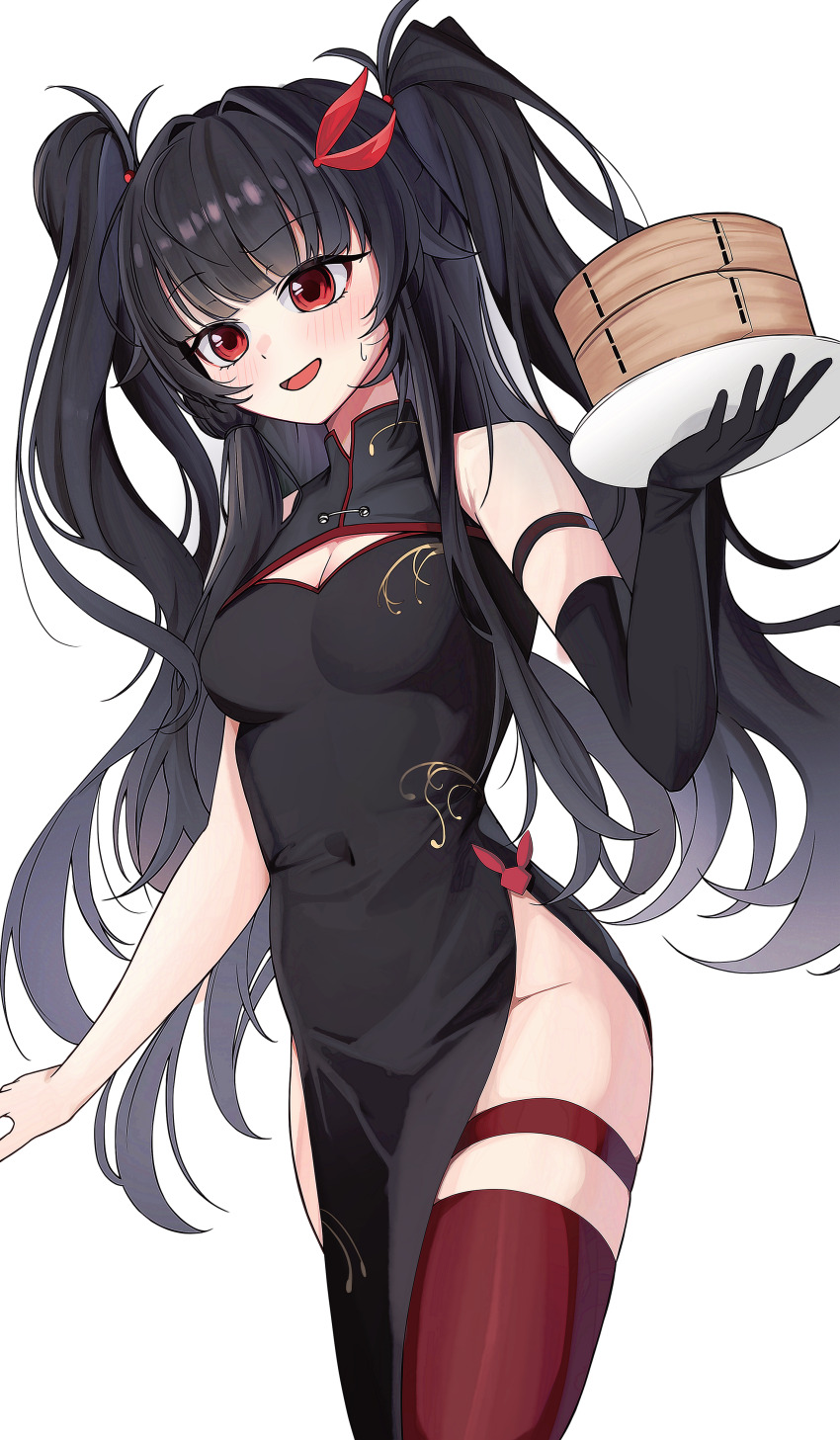 1girl absurdres arm_strap bare_shoulders beerbear_7321 black_dress black_gloves black_hair breasts china_dress chinese_clothes cleavage cleavage_cutout clothing_cutout commission covered_navel cowboy_shot dress elbow_gloves gloves gradient_hair hair_ribbon highres long_hair looking_ahead medium_breasts multicolored_hair no_panties open_mouth original pelvic_curtain red_eyes red_thighhighs ribbon single_elbow_glove sleeveless sleeveless_dress smile solo sweatdrop thigh_strap thighhighs thighs transparent_background two_side_up very_long_hair