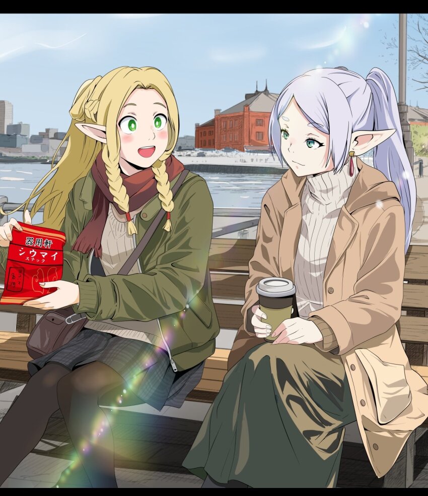 2girls alternate_costume bag black_pantyhose blonde_hair blue_sky blush braid bright_pupils brown_coat brown_sweater building closed_mouth coat commentary_request cup day disposable_coffee_cup disposable_cup dungeon_meshi earrings elf feet_out_of_frame food_request frieren green_eyes green_jacket green_skirt grey_hair grey_skirt highres holding holding_bag holding_cup jacket jewelry laika2slip lens_flare long_hair long_pointy_ears long_sleeves looking_at_another low_twin_braids marcille_donato multiple_girls on_bench open_clothes open_coat open_jacket open_mouth outdoors pantyhose parted_bangs plaid_clothes plaid_skirt pleated_skirt pointy_ears red_scarf ribbed_sweater river scarf season_connection shoulder_bag sitting skirt sky smile sousou_no_frieren sweater teardrop_earrings turtleneck turtleneck_sweater twin_braids white_pupils white_sweater winter_clothes