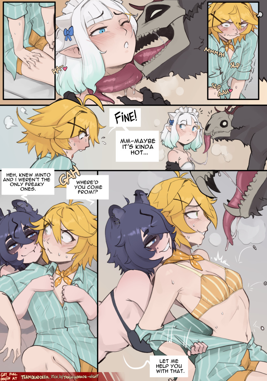 1boy 3girls arbuz_budesh black_bra black_fur black_hair blonde_hair blue_eyes blush bra breasts closed_mouth commentary dokibird embarrassed english_commentary english_text green_eyes green_hair green_shirt highres indie_virtual_youtuber large_breasts licking licking_another's_face looking_at_another mint_fantome monster monster_boy multicolored_hair multiple_girls open_mouth orange_shorts paid_reward_available shirt shorts snuffy_(vtuber) striped_bra striped_clothes talking underwear wendigo white_hair yellow_bra