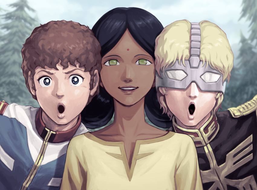 1girl 2boys :o amuro_ray black_hair black_jacket blonde_hair blue_eyes blue_hair bright_pupils char_aznable cloud collarbone commentary_request double_bun facial_mark forehead_mark green_eyes gundam hair_bun highres jacket lalah_sune looking_at_viewer mask mobile_suit_gundam multiple_boys no_pupils open_mouth parody parted_hair parted_lips sakkan sky smile straight-on swing_out_sister_(band) tree v-shaped_eyebrows white_pupils