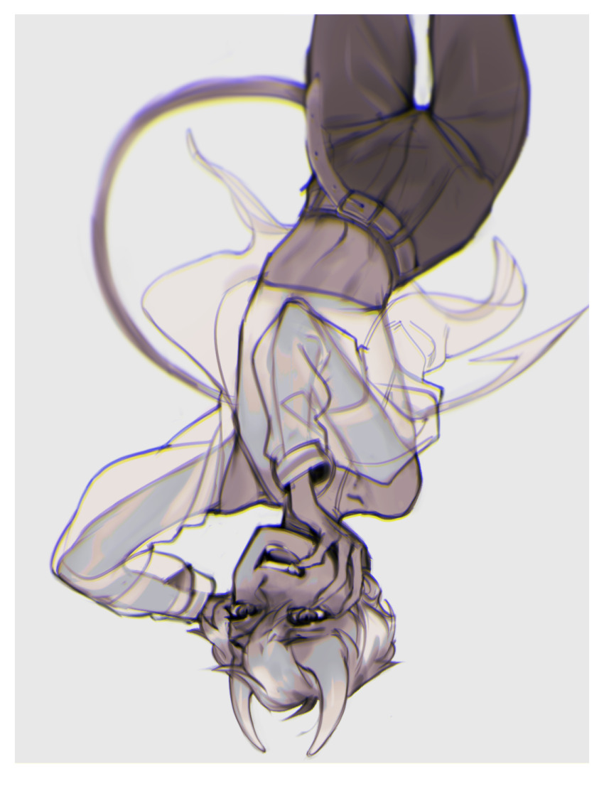 1boy :d belt commission demon_boy demon_horns demon_tail grey_background highres horns long_sleeves navel open_mouth original pants pita-potato short_hair smile solo tail trap upside-down