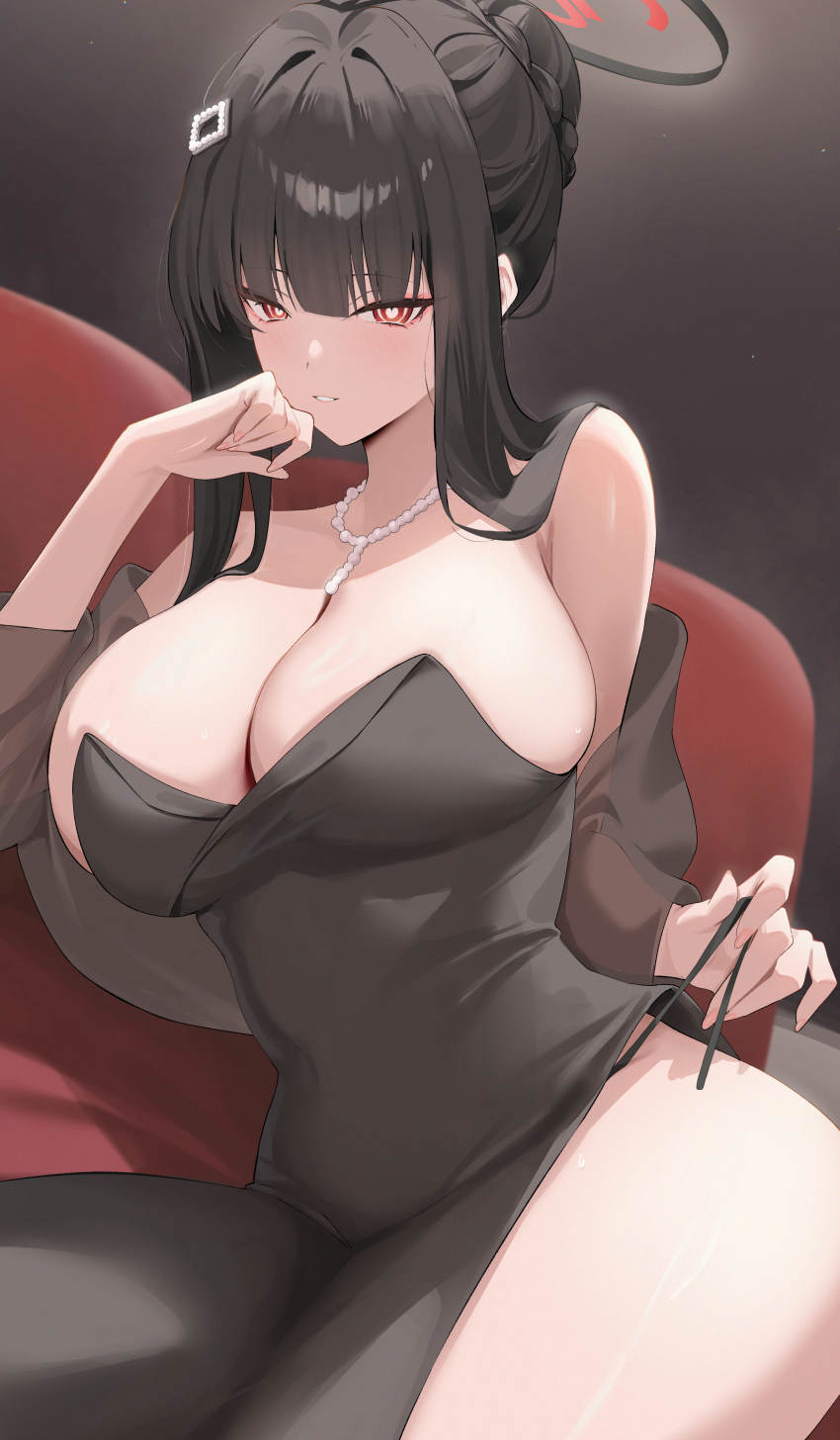 1girl absurdres bare_shoulders black_panties blue_archive blush breasts bright_pupils cleavage commentary_request hair_bun halo heart heart-shaped_pupils highres huge_breasts jewelry kakumayu long_hair looking_at_viewer necklace off_shoulder panties parted_lips red_eyes rio_(blue_archive) rio_(dress)_(blue_archive) single_hair_bun sitting smile symbol-shaped_pupils thighs underwear white_pupils