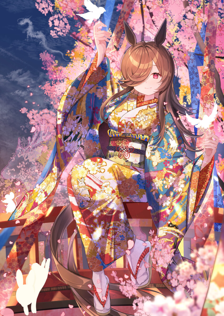 1girl alternate_costume animal_ears brown_hair cherry_blossoms closed_mouth commentary_request floral_print floral_print_kimono floral_print_sash green_sash highres horse_ears horse_girl horse_tail japanese_clothes kimono long_hair looking_at_viewer obi print_kimono purple_eyes rabbit rice_shower_(umamusume) sandals sash smile solo tabi tail umamusume wide_sleeves yomean!
