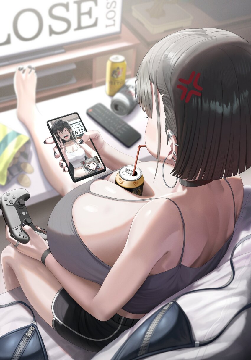 anger_vein back bare_shoulders between_breasts black_hair black_nails black_shorts black_toenails bob_cut bra breasts camisole can cellphone choker cleavage controller couch crop_top dolphin_shorts drink_can drinking_straw drinking_straw_in_mouth ear_piercing feet from_above from_behind game_console game_controller gamepad gigantic_breasts grey_camisole huge_breasts nape pale_skin phone piercing playstation_5 playstation_controller shiny_skin short_hair shorts shoulder_blades silvertsuki sitting skinny smartphone snack spaghetti_strap television underwear unworn_bra video_call